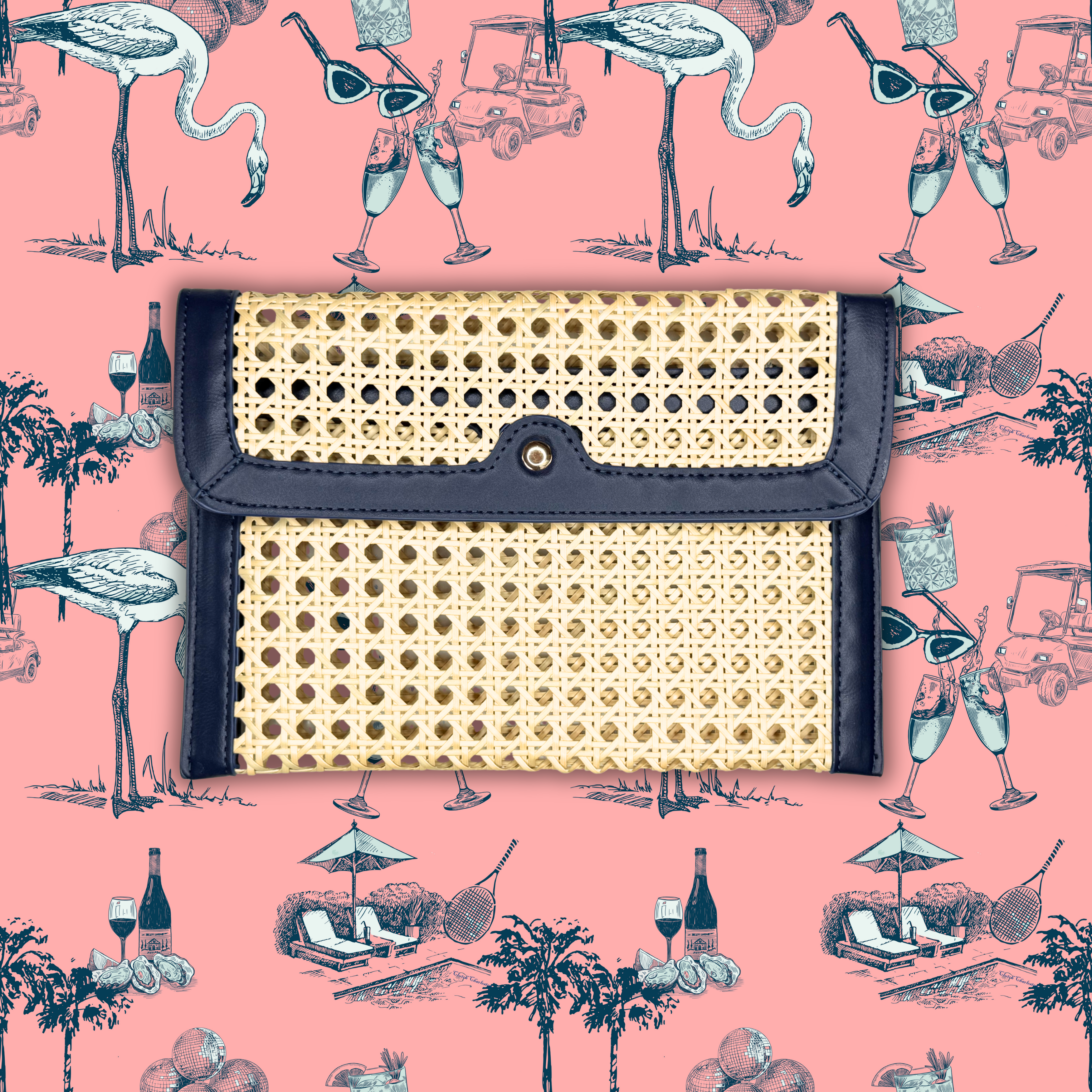 Woven clutch bag on a pink background with vintage-style illustrations