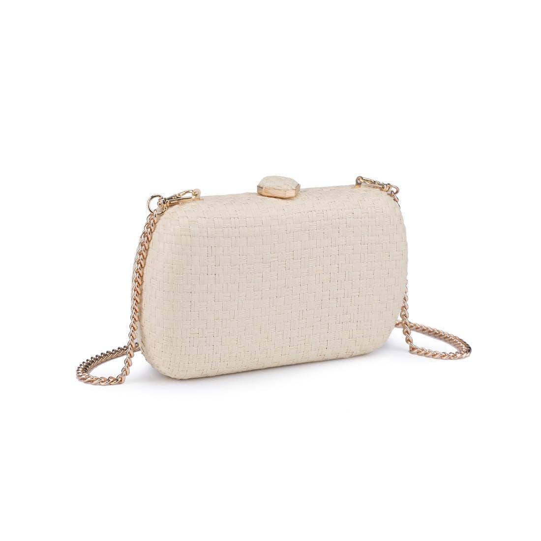 Beige handbag with a gold chain on a white background