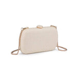 Beige handbag with a gold chain on a white background