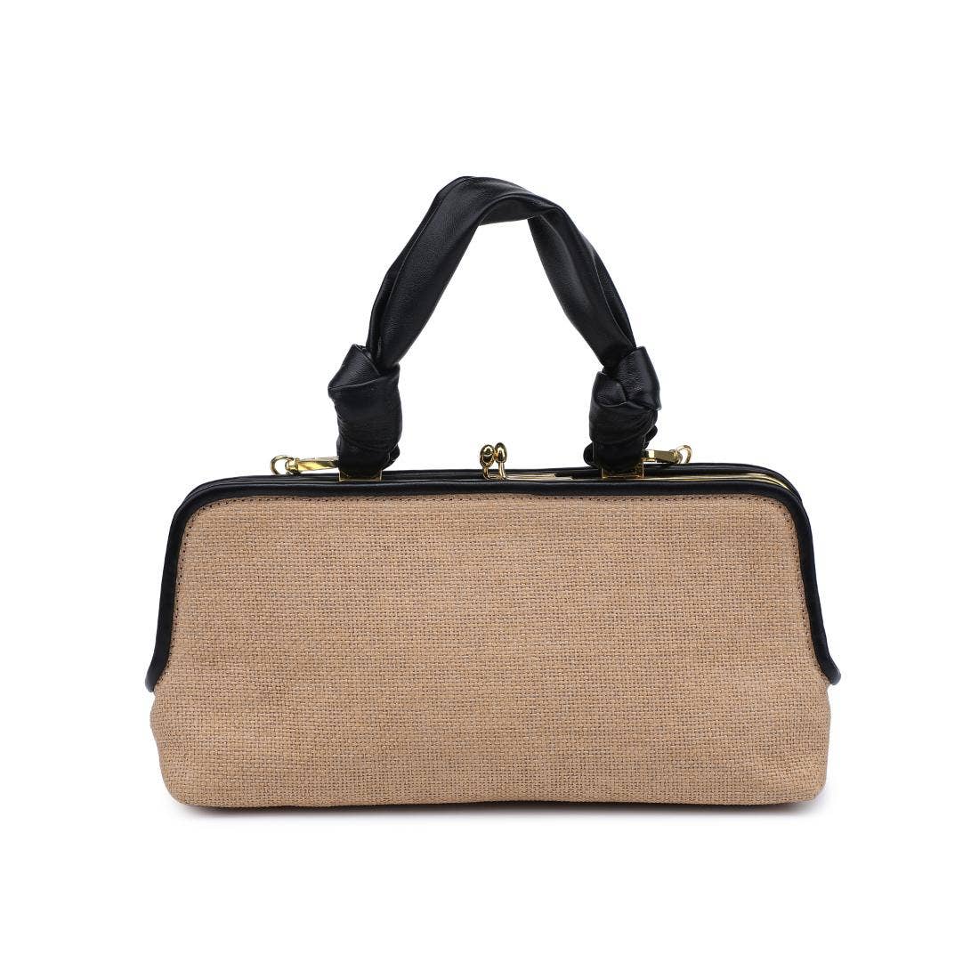 Beige handbag with black handle and trim on a white background