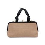 Beige handbag with black handle and trim on a white background