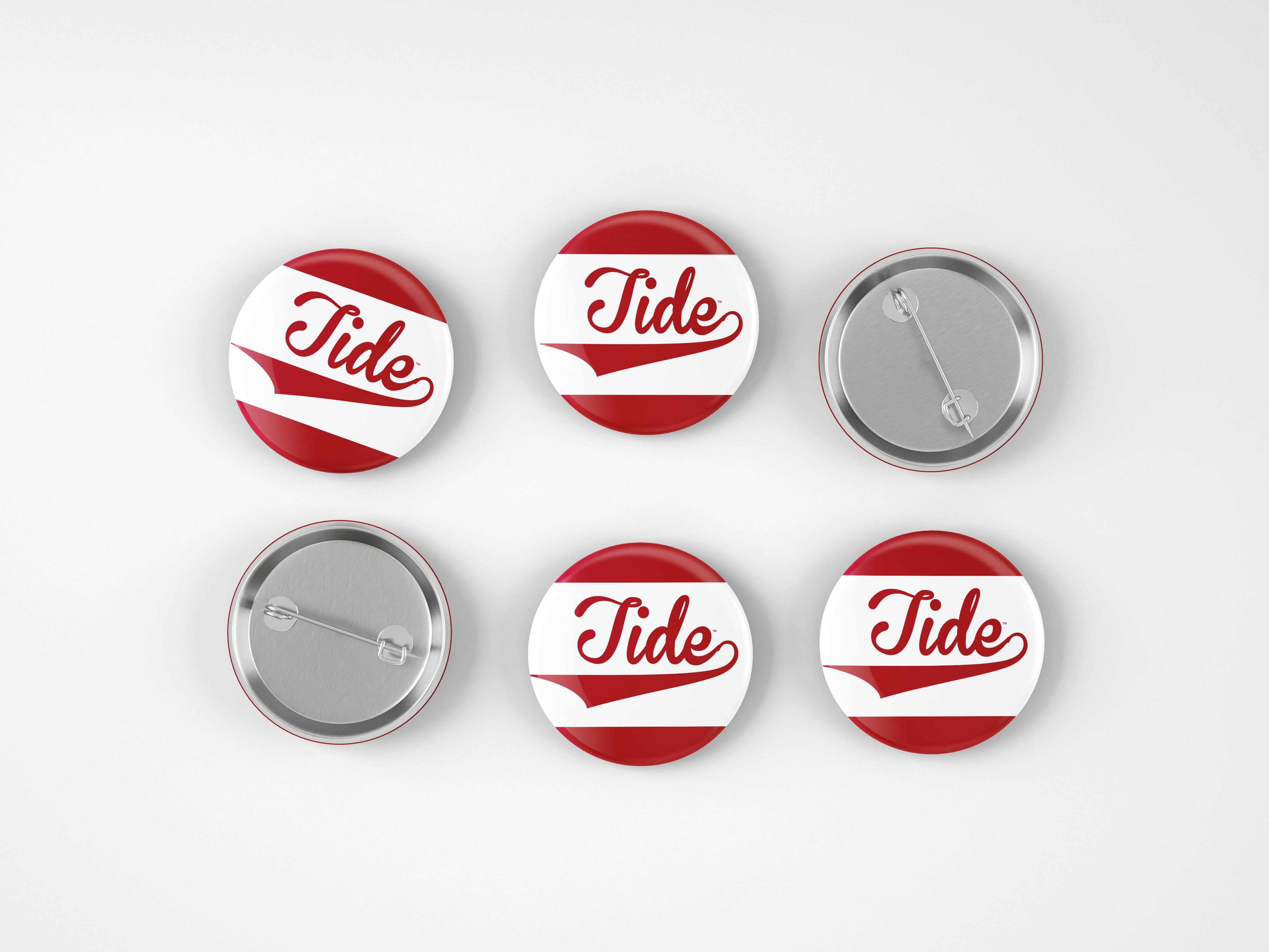 Six round pin-back buttons with a red and white striped design and the word 'Tide' in red script, shown on a light gray background with two front views and two back views.