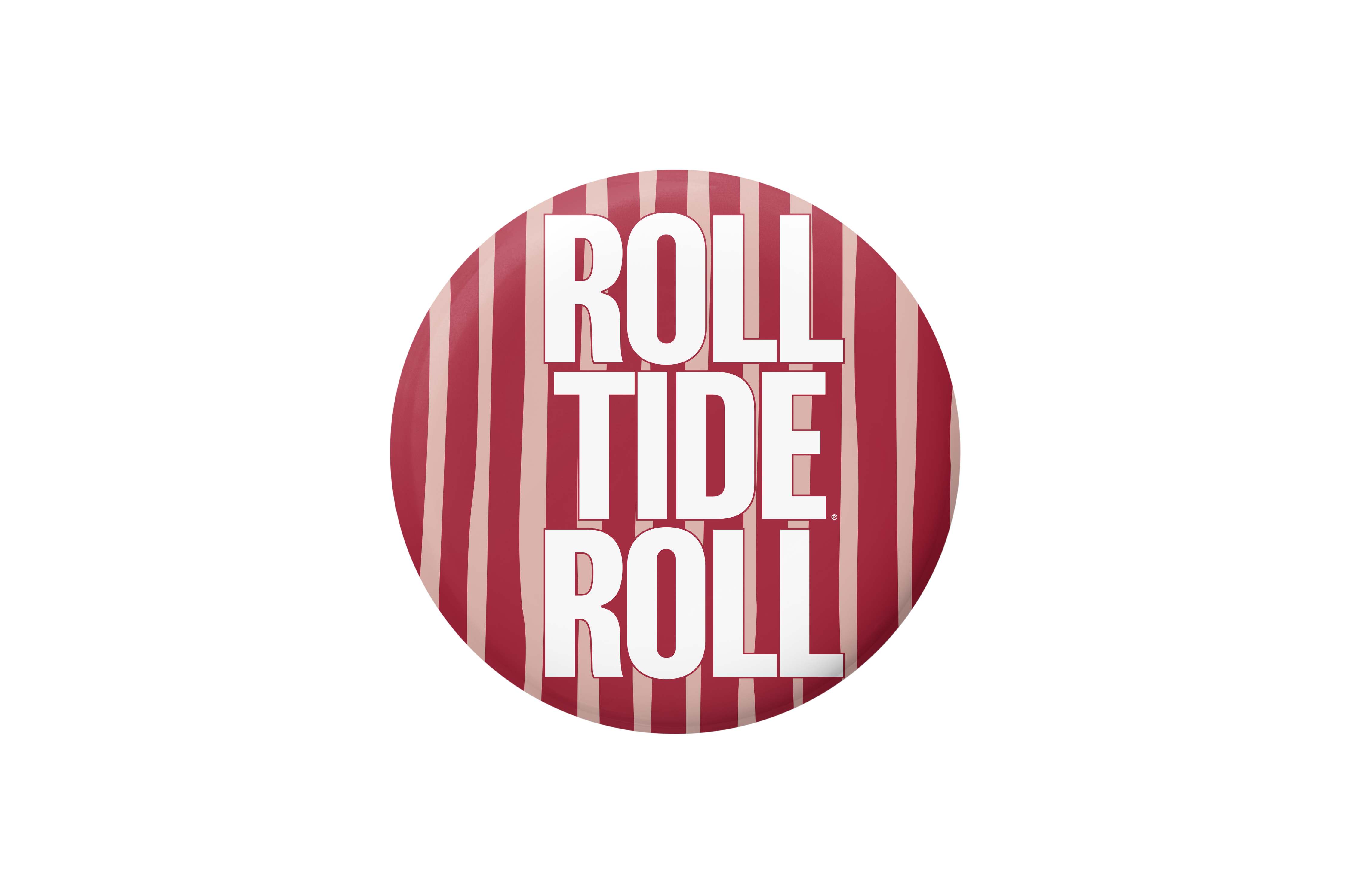 A circular button or badge featuring a red and white striped pattern with the text 'ROLL TIDE ROLL' in bold white letters.