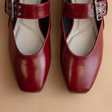 Pair of red shoes with buckles on a beige background