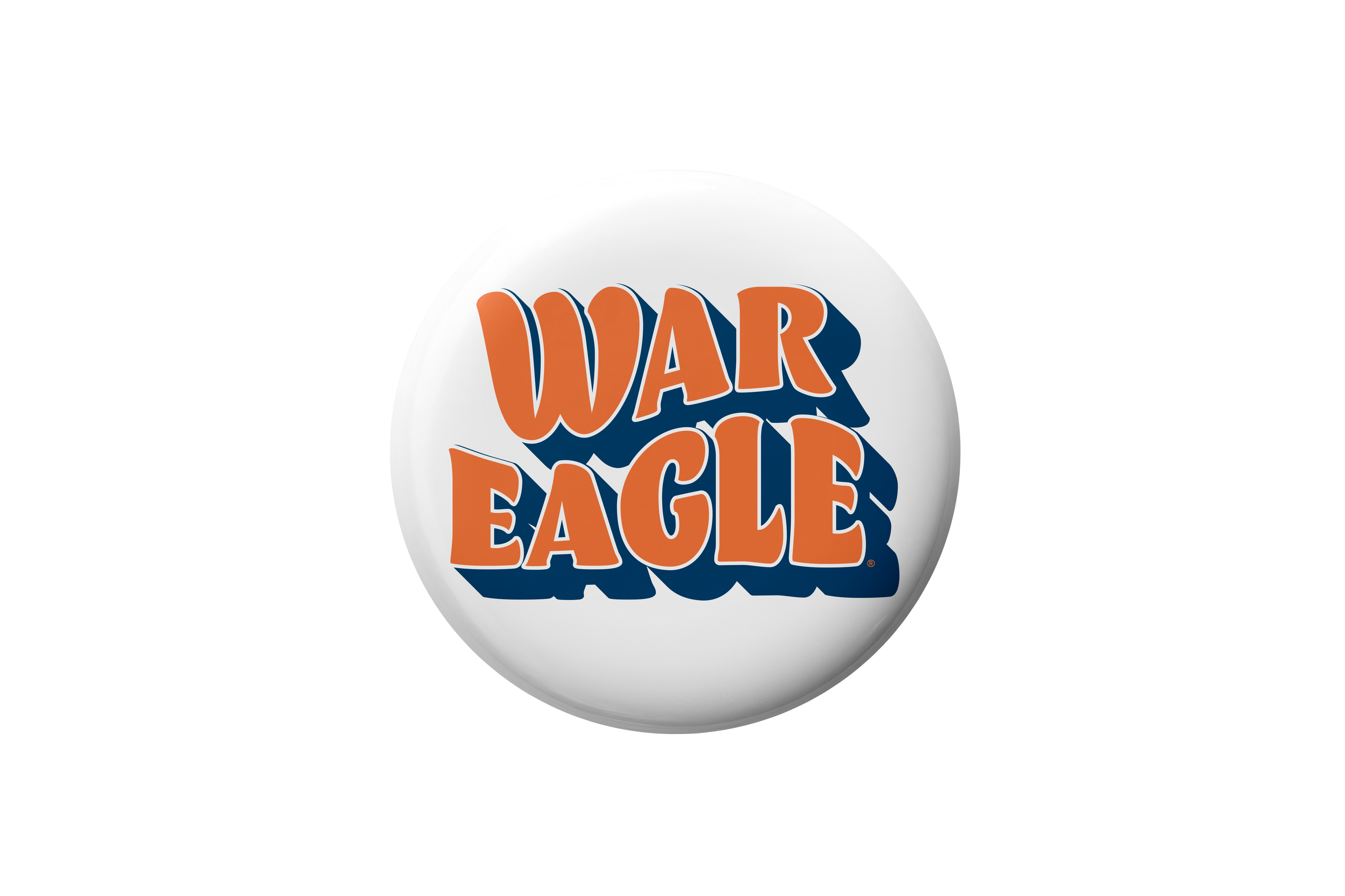 A round white button badge featuring the words 'WAR EAGLE' in orange letters with a dark blue shadow effect, centered on a plain white background.