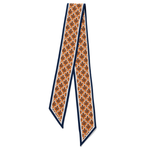 A patterned silk necktie with a repeating fleur-de-lis motif in orange, brown, and black, bordered by navy blue and white stripes, shown on a plain white background.