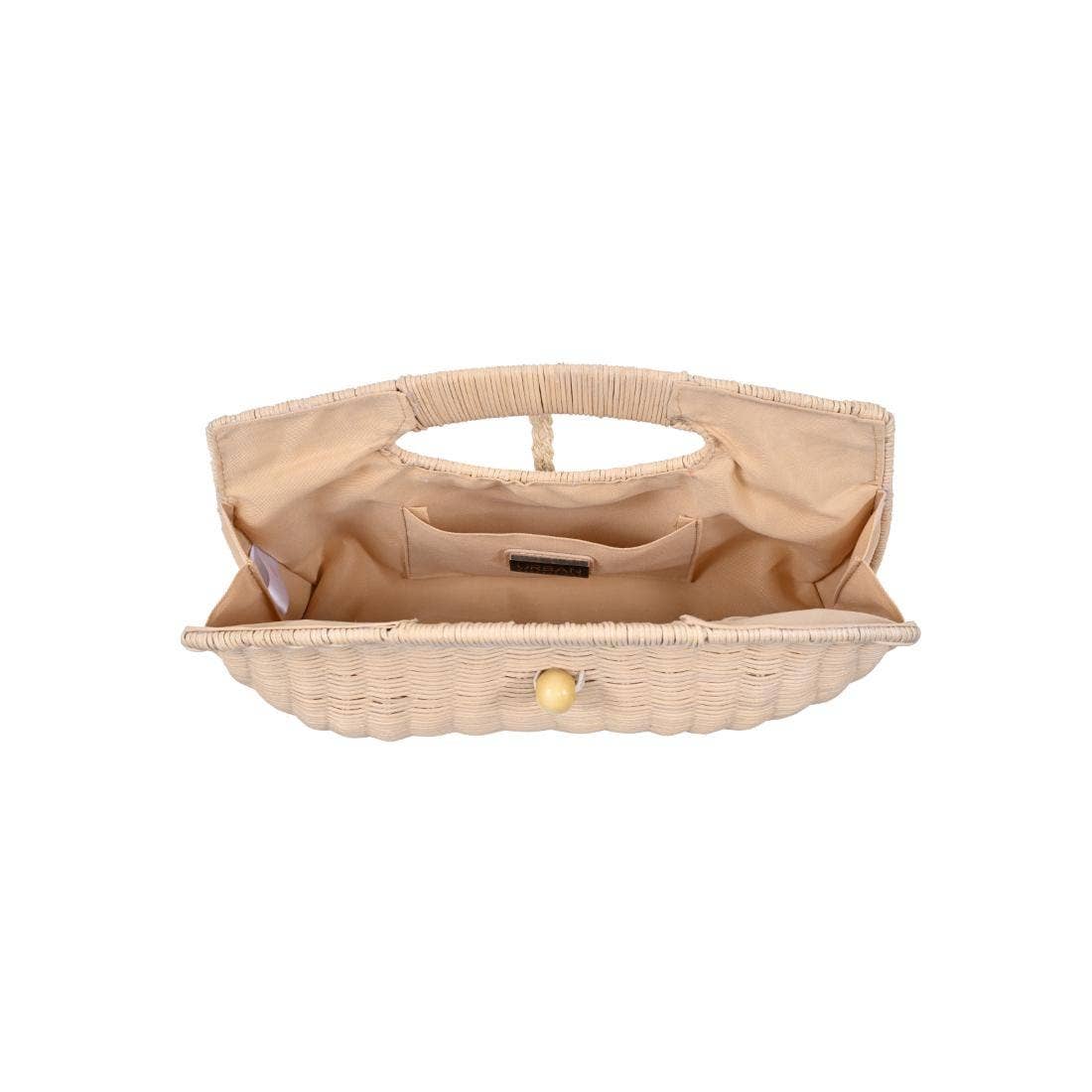 Beige woven handbag with a handle on a white background