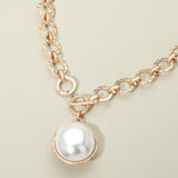 Bold Oval Pearl Pendant Brushed Metal Chunky Chain Toggle Necklace