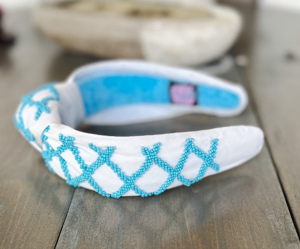 Blue + White Criss Cross Beaded Headband | Clover and Bee