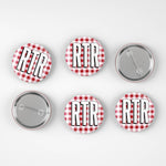 Six round pinback buttons arranged in a 2x3 grid on a light gray background. Four buttons show the front design: a red and white gingham pattern with the letters 'RTR' in bold black font outlined in white.