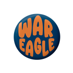 Button badge with 'WAR EAGLE' text on a blue background