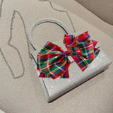 Silver Sparkle Purse with Red Plaid Bow