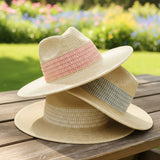 Striped Color Woven Wide Band Summer Fedora Hat