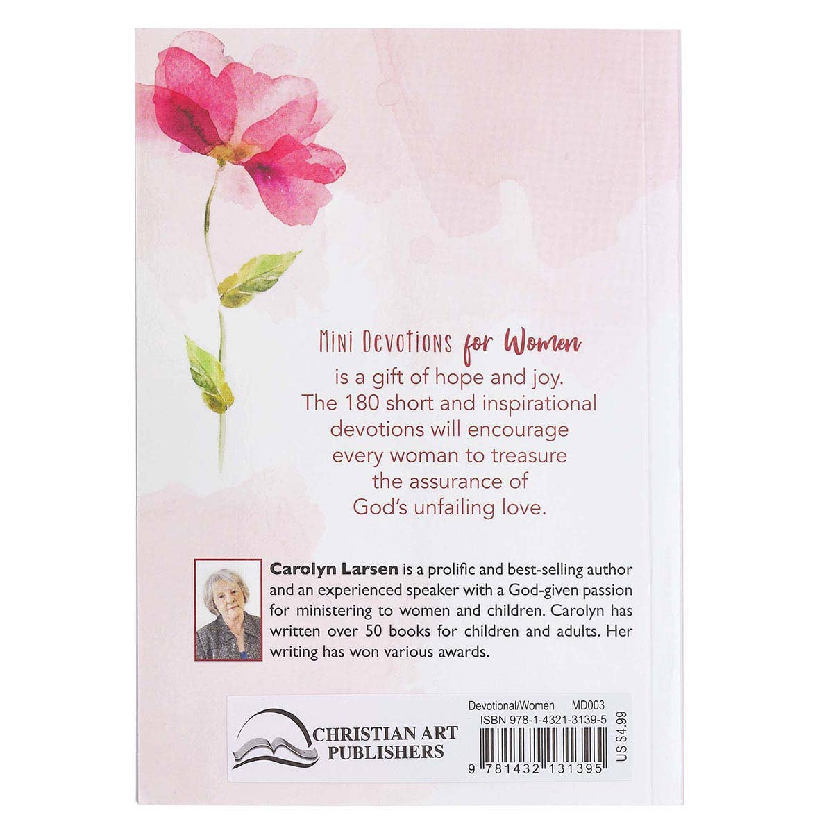 Bookback with pink flower illustration and text about 'Devotions for Women' by Carolyn Larsen, published by Christian Art Publishers.