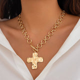 Hammered Gold Cross Front Toggle Necklace