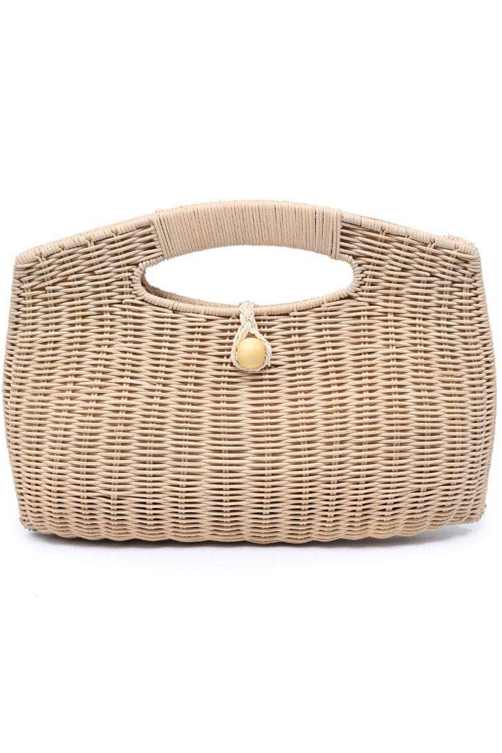 Beige woven handbag with a gold handle on a white background