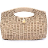 Beige woven handbag with a gold handle on a white background