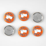 Set of five buttons with 'Ready to Roll' text and toilet paper graphic on a white background
