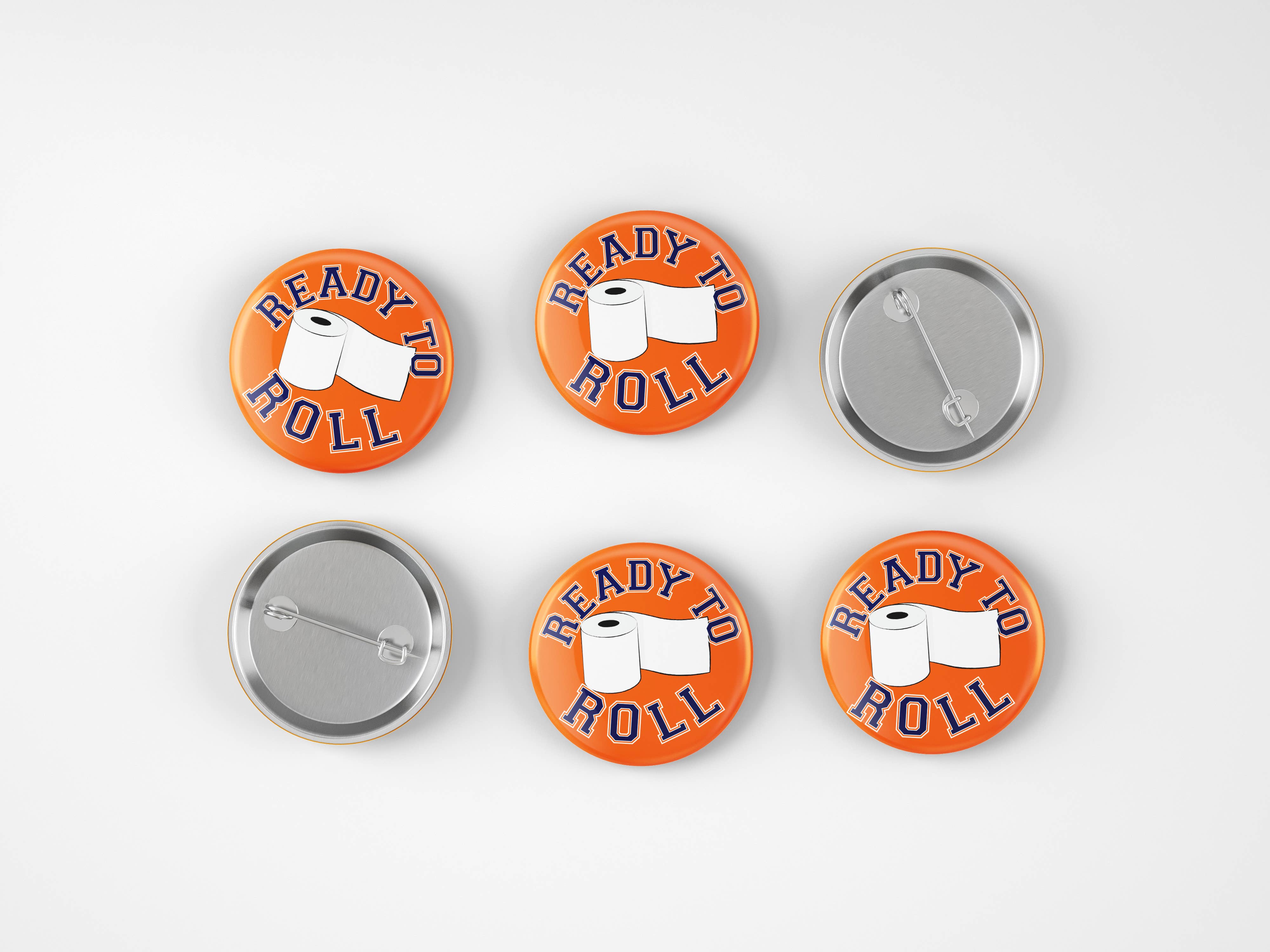 Set of five buttons with 'Ready to Roll' text and toilet paper graphic on a white background