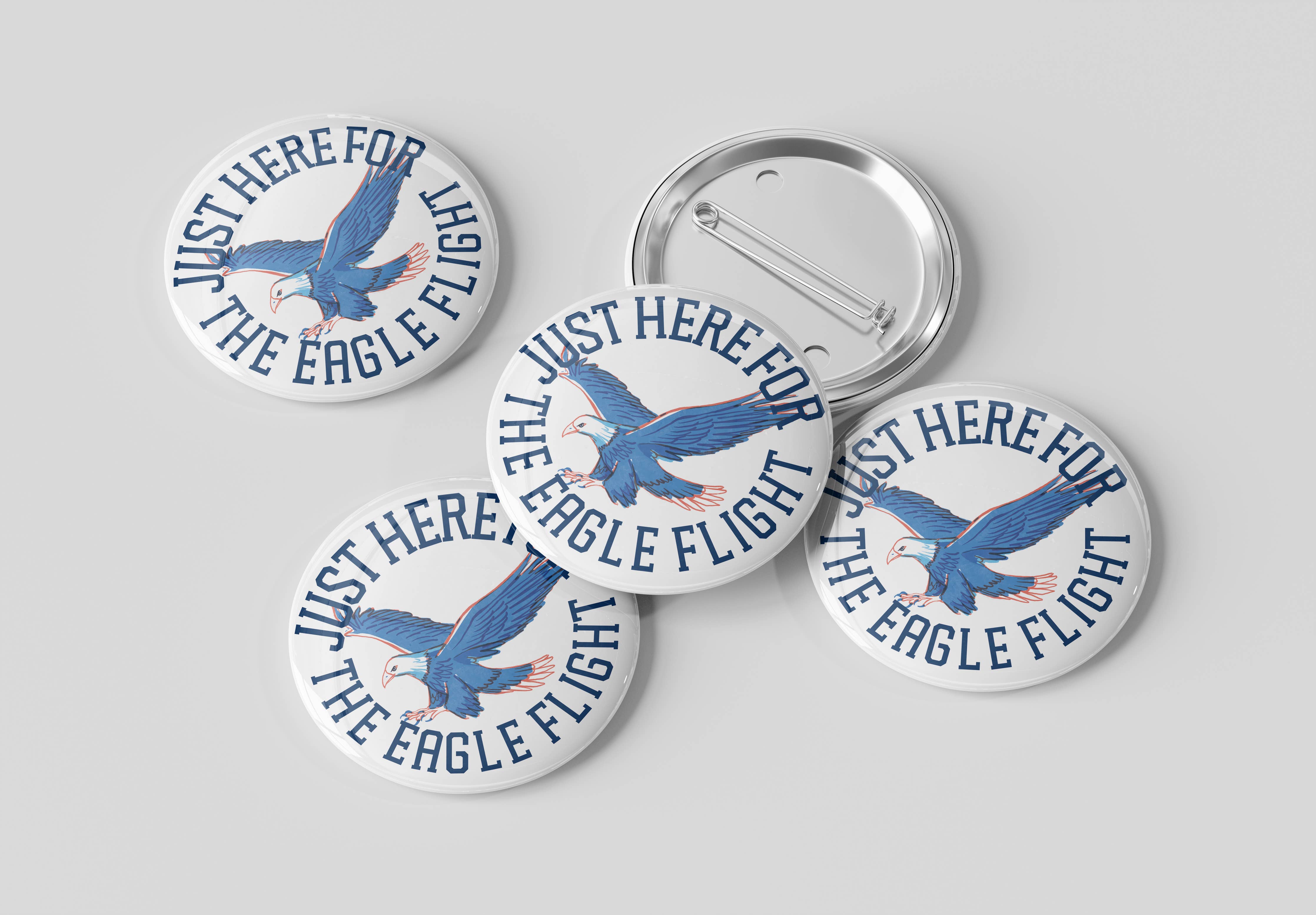 Four circular buttons with an eagle design and text on a gray background