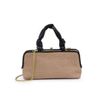 Beige handbag with black handle and gold chain on a white background