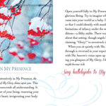 Brochure with red berries on a branch and text about 'Peace in My Presence' and 'Sing hallelujahs to My holy Name'.