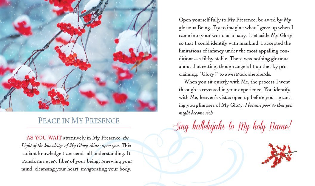 Brochure with red berries on a branch and text about 'Peace in My Presence' and 'Sing hallelujahs to My holy Name'.