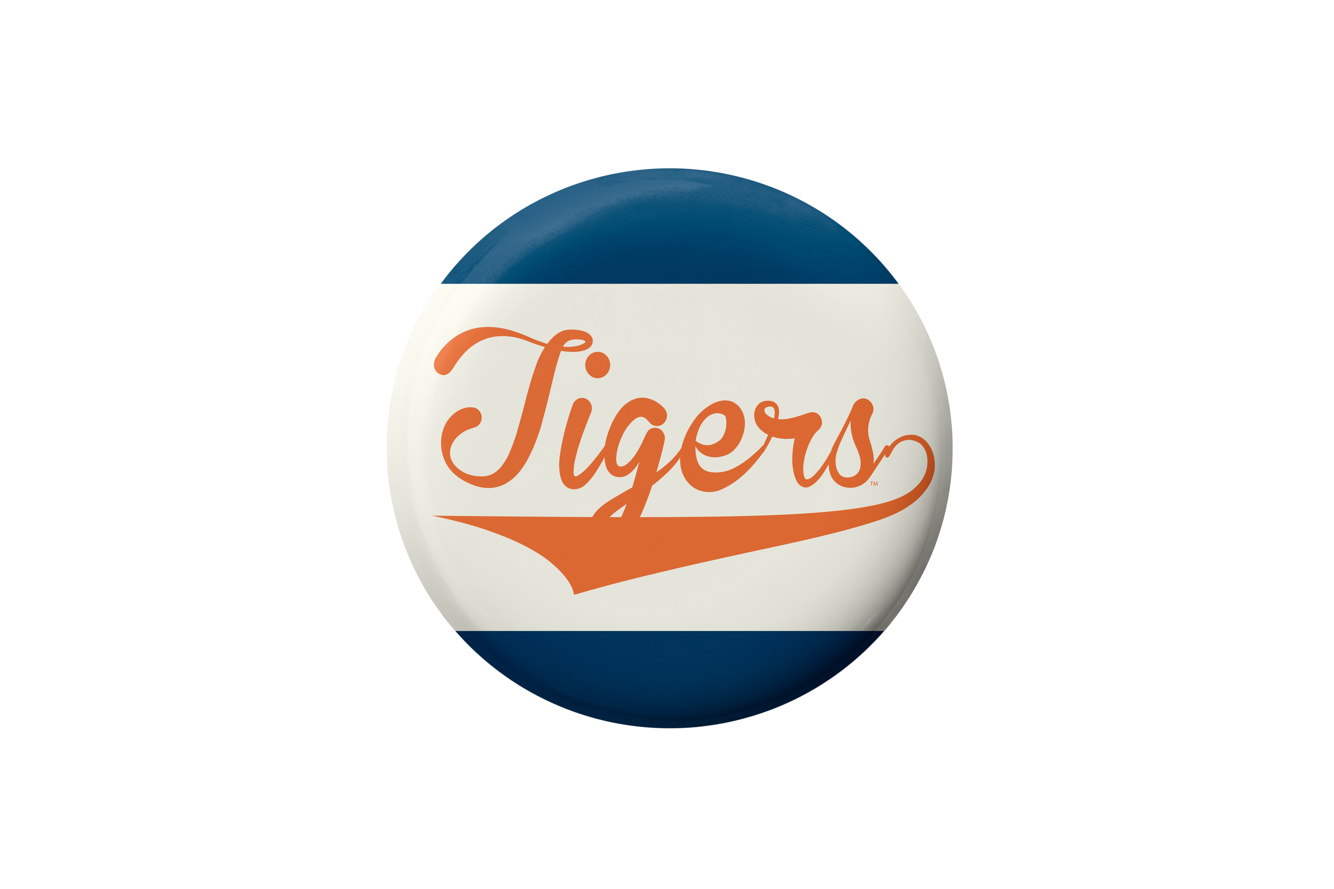 A round button badge featuring the word 'Tigers' in orange script across a white center, with dark blue bands at the top and bottom, shown on a plain white background.