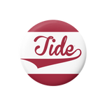 A round button badge featuring the crimson and white Alabama Crimson Tide logo on a plain white background.