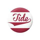 A round button badge featuring the crimson and white Alabama Crimson Tide logo on a plain white background.