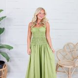 Livvy Bright Olive Smocked Cami Maxi Dress