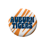 A circular button badge featuring the Auburn Tigers logo, with orange and white diagonal stripes and bold blue text reading 'AUBURN TIGERS' on a white background.