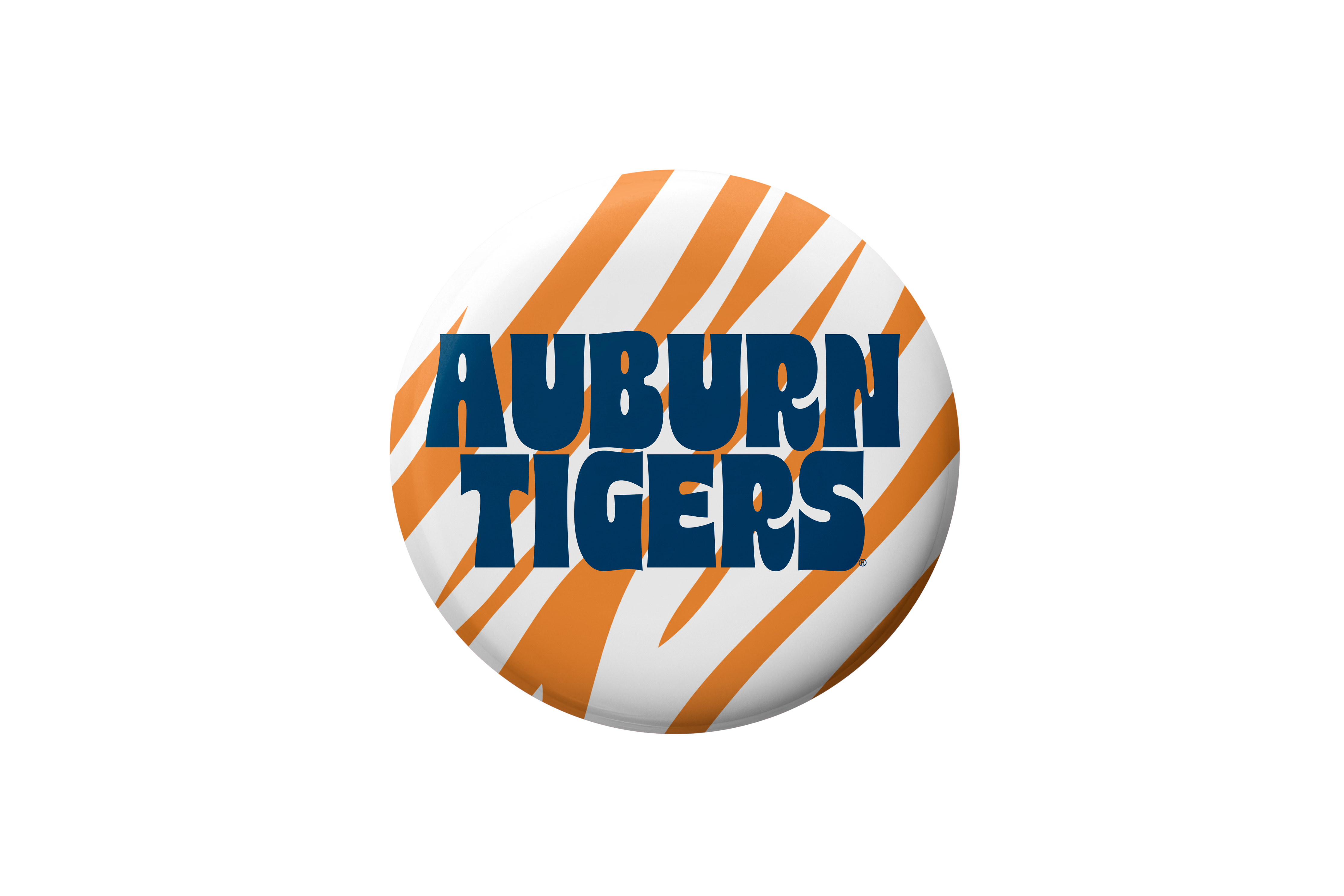 A circular button badge featuring the Auburn Tigers logo, with orange and white diagonal stripes and bold blue text reading 'AUBURN TIGERS' on a white background.