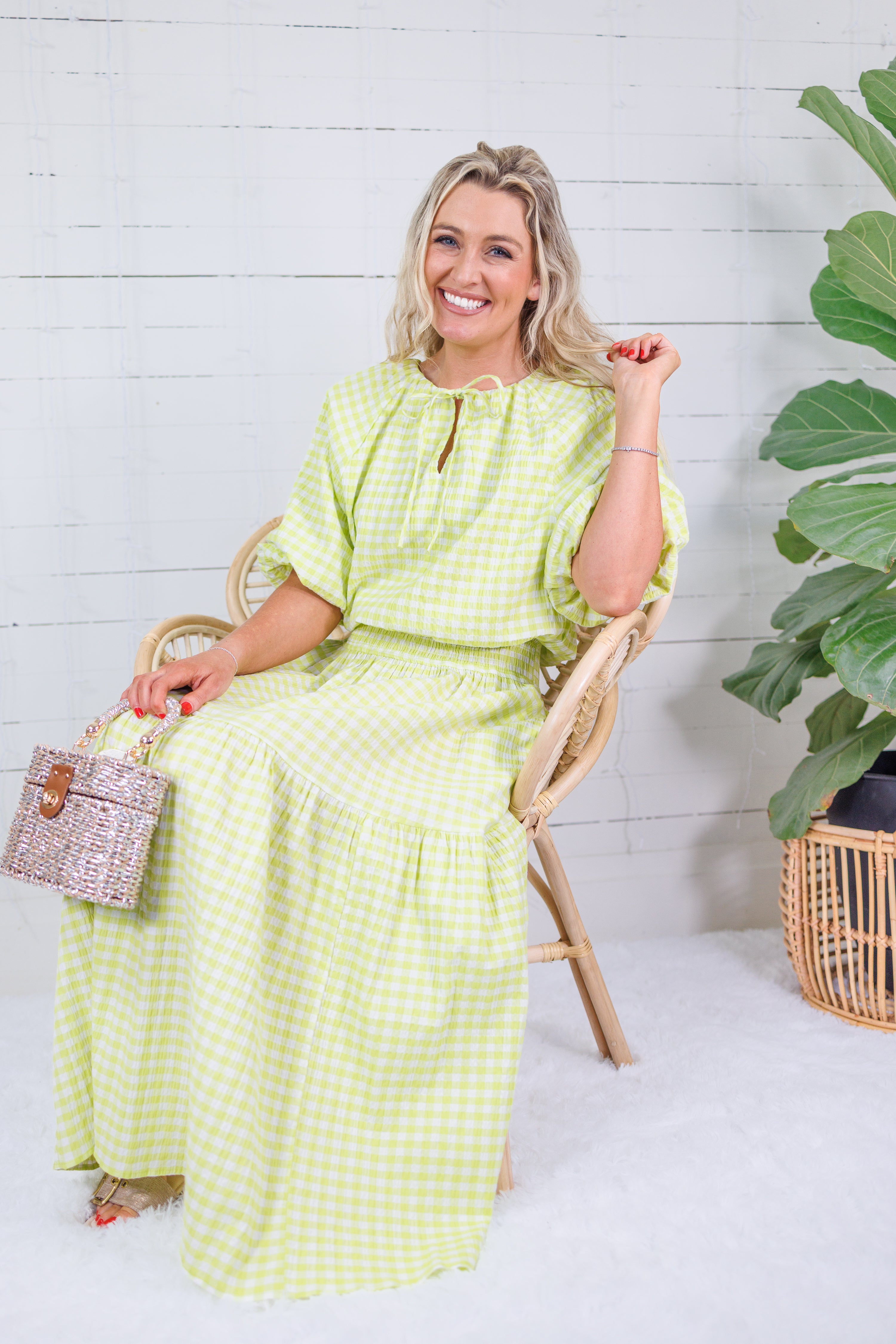 Aerin Limeade Seersucker Gingham Smocked Maxi Skirt Adrienne
