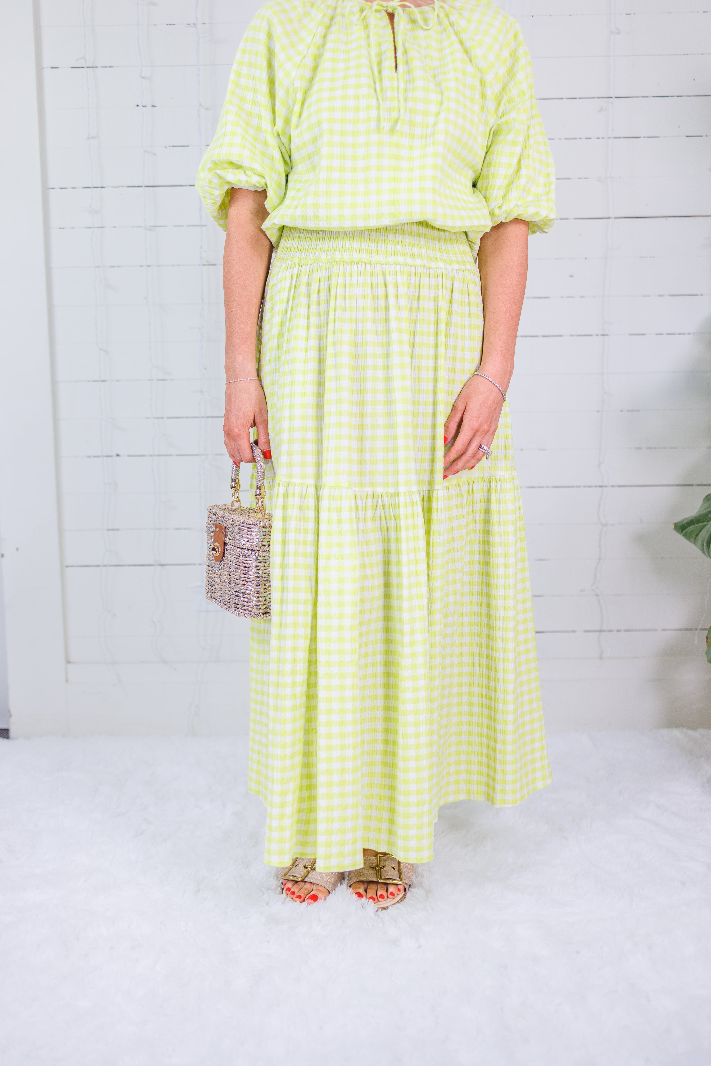 Aerin Limeade Seersucker Gingham Smocked Maxi Skirt Adrienne