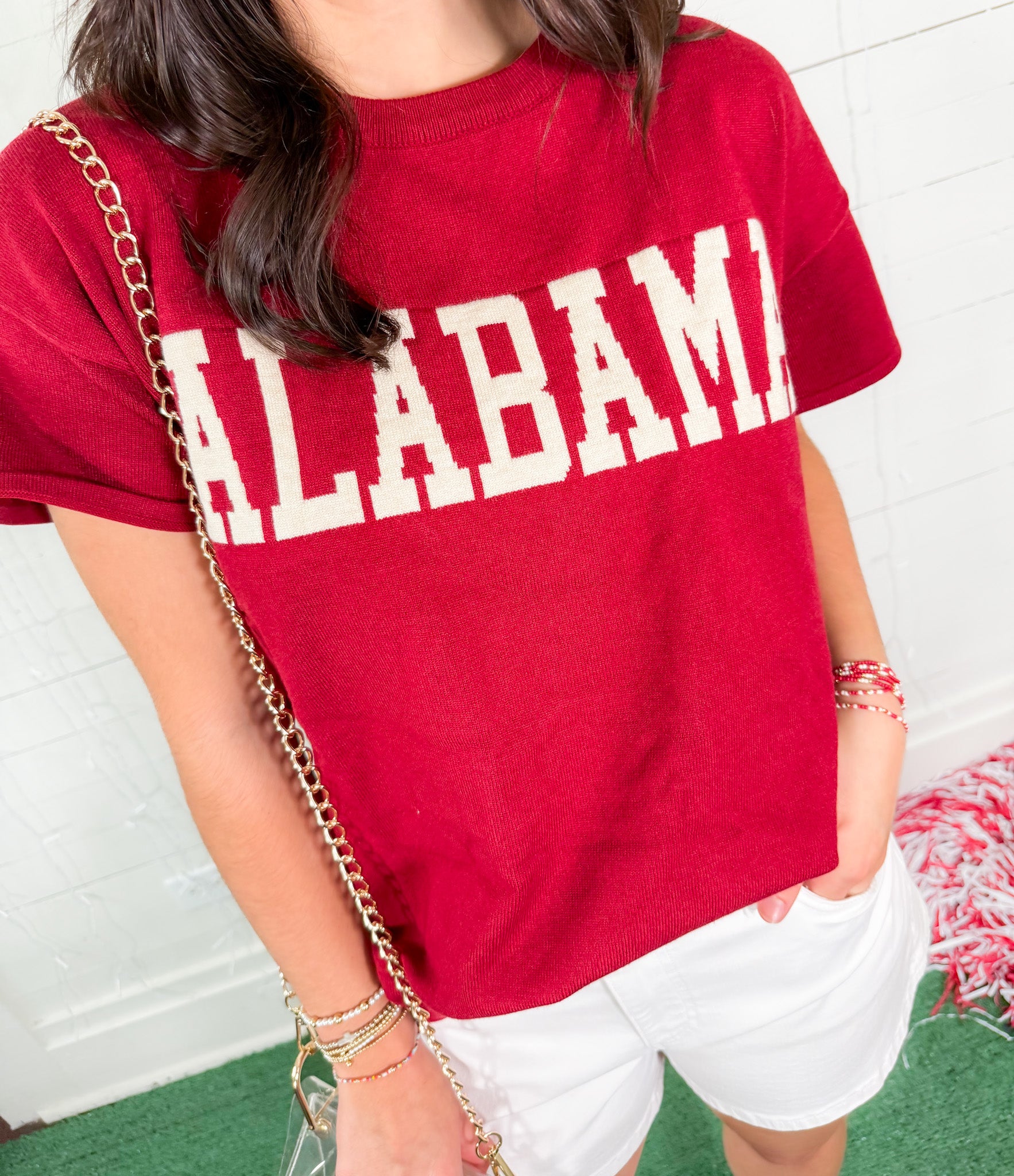 Alabama Crimson Short Sleeve Flat Knit Sweater