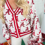 Person wearing a white letterman jacket with red 'A' pattern, holding pom-poms.