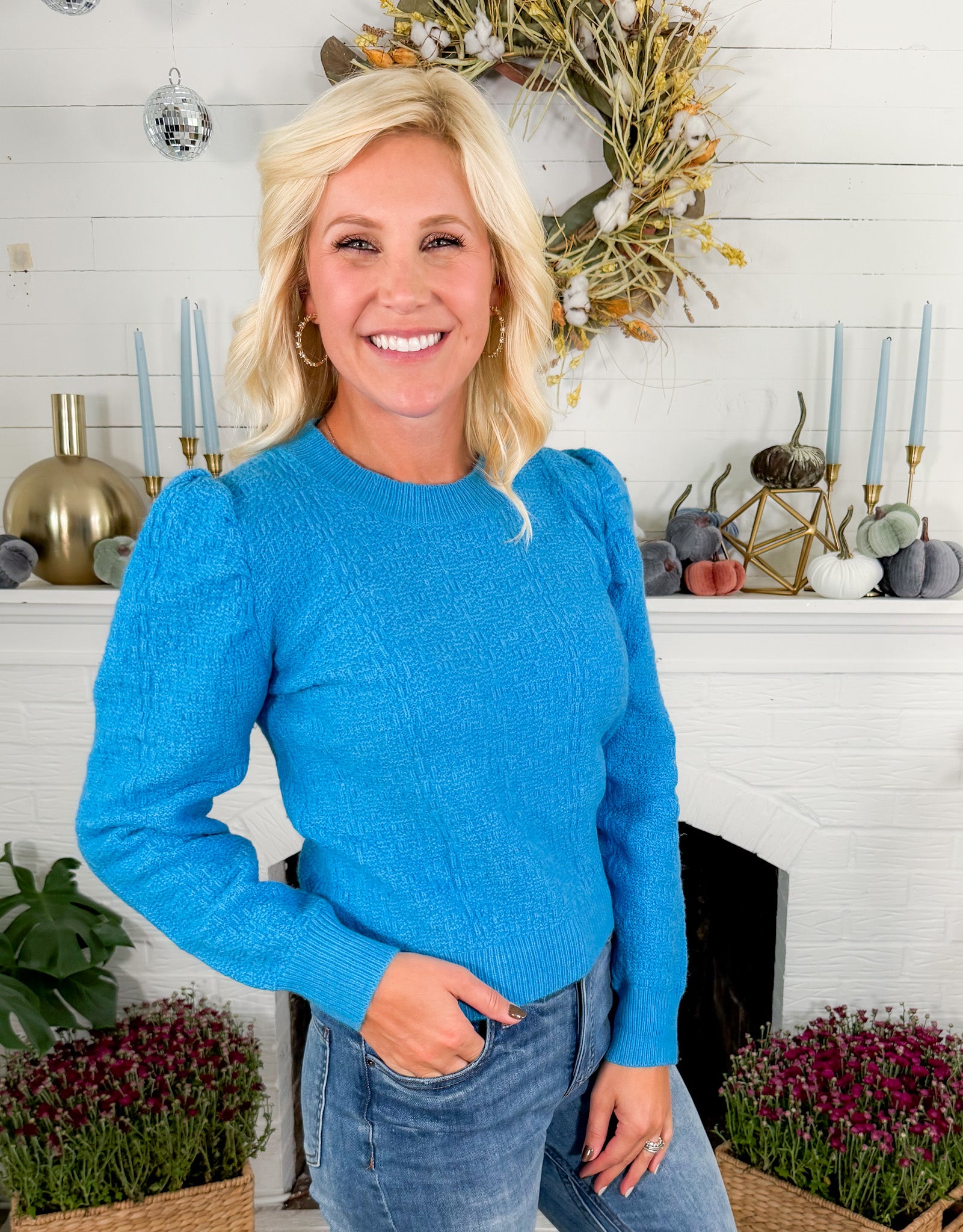 Alva Electric Blue Puff Shoulder Sweater Molly Bracken