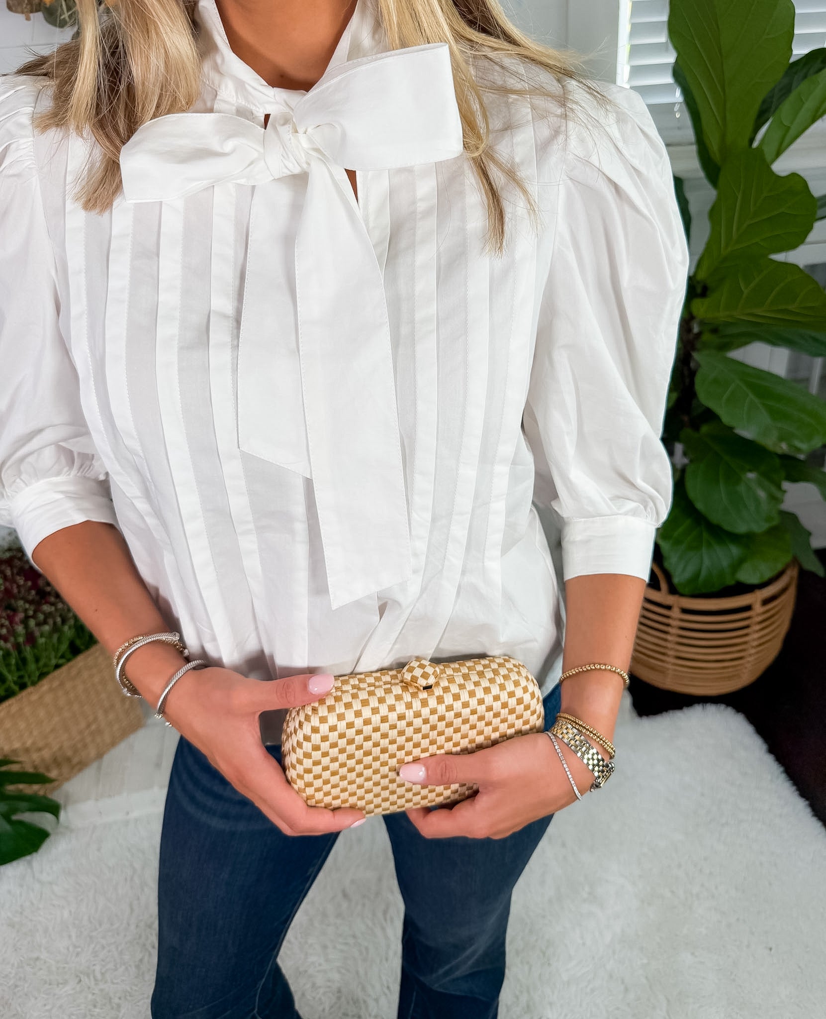 Amanda Ivory Balloon Sleeve  Tie Top Pinch