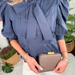 Amanda Navy Balloon Sleeve Tie Top Pinch 