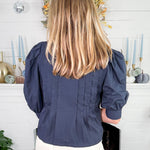 Amanda Navy Balloon Sleeve Tie Top Pinch 