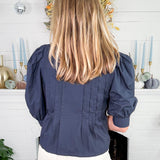 Amanda Navy Balloon Sleeve Tie Top Pinch 