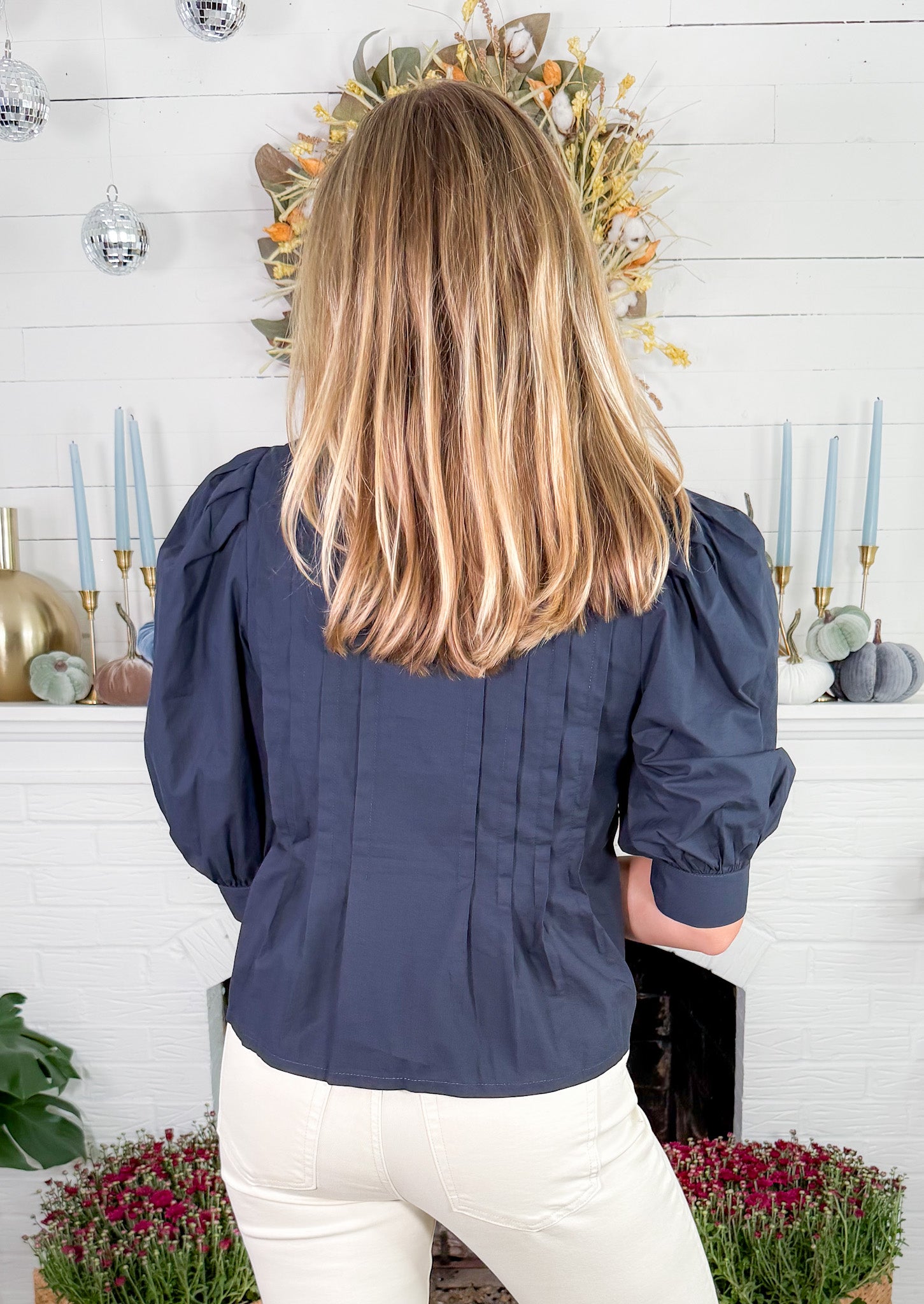 Amanda Navy Balloon Sleeve Tie Top Pinch 