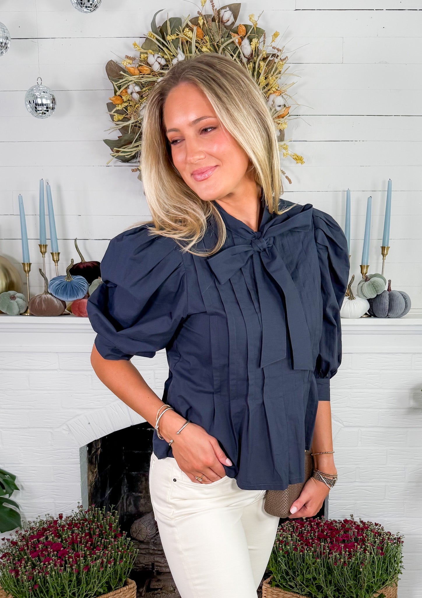 Amanda Navy Balloon Sleeve Tie Top Pinch 