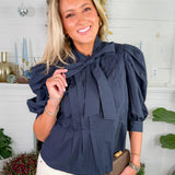 Amanda Navy Balloon Sleeve Tie Top Pinch 