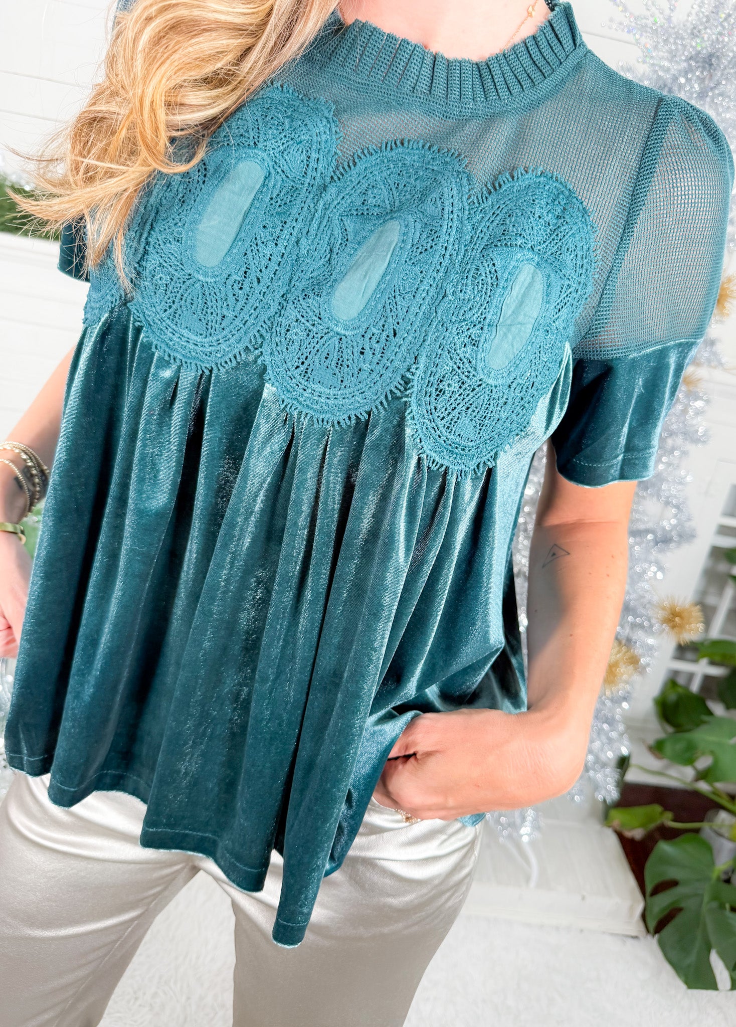 Anderson Teal Lace + Velvet Babydoll Top Fate