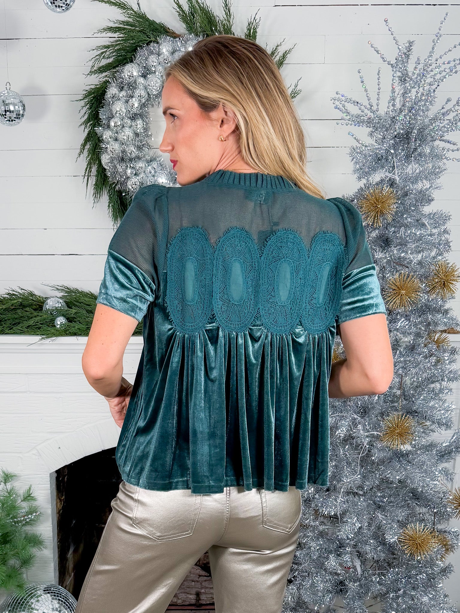 Anderson Teal Lace + Velvet Babydoll Top Fate