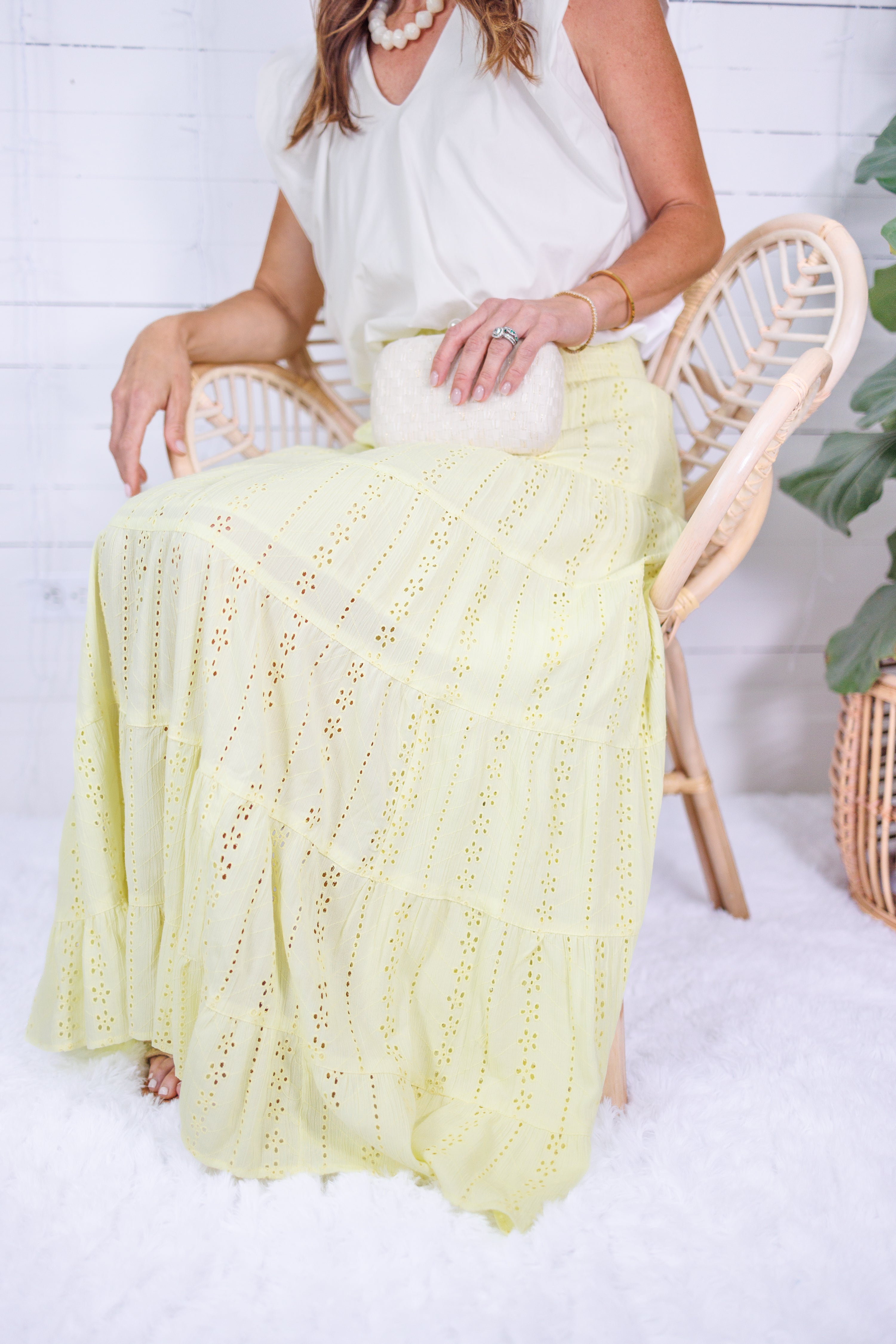 Angie Citron Eyelet Tiered + Smocked Waist Maxi Skirt