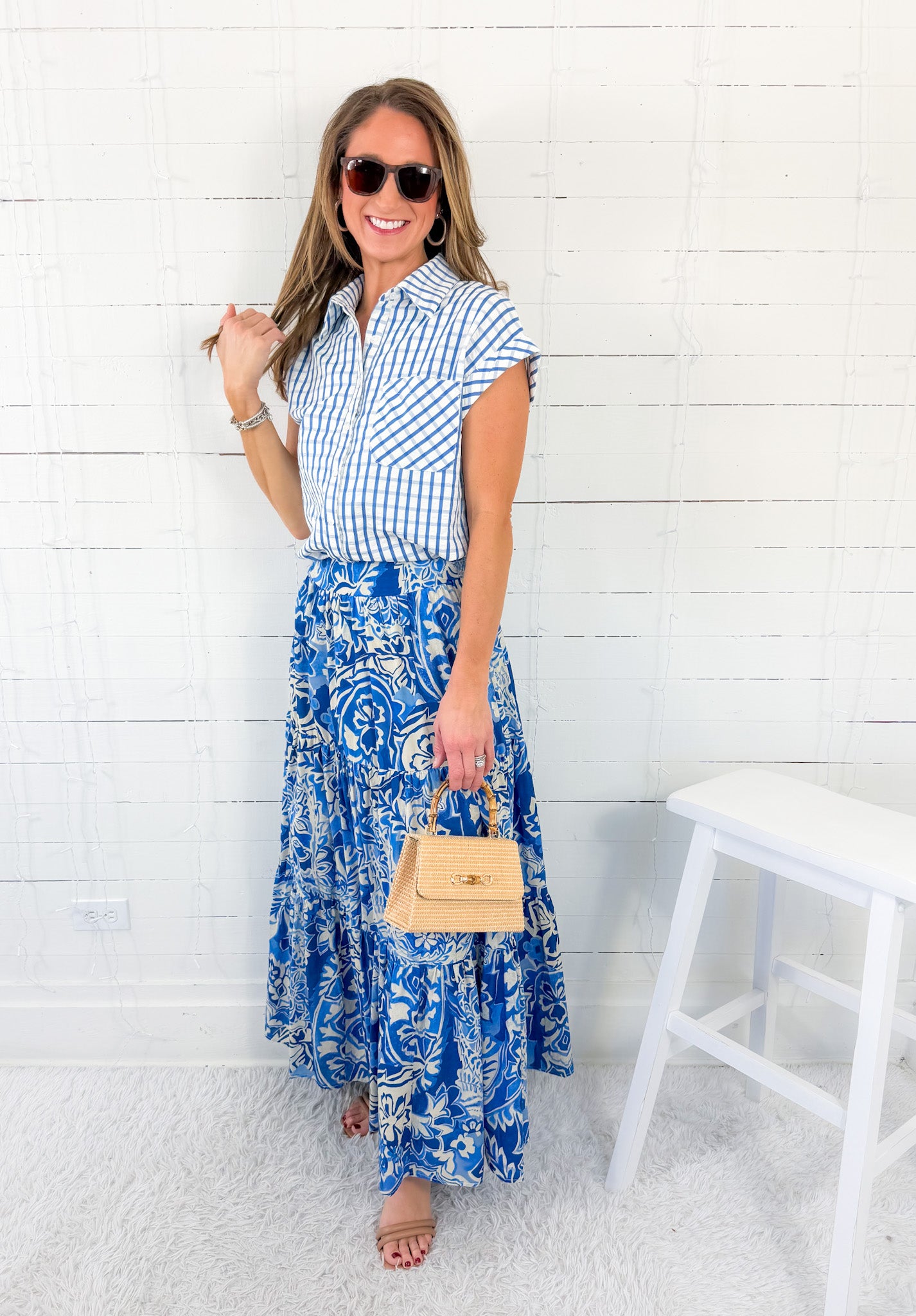 Audrey Blue Seersucker Plaid Camp Shirt