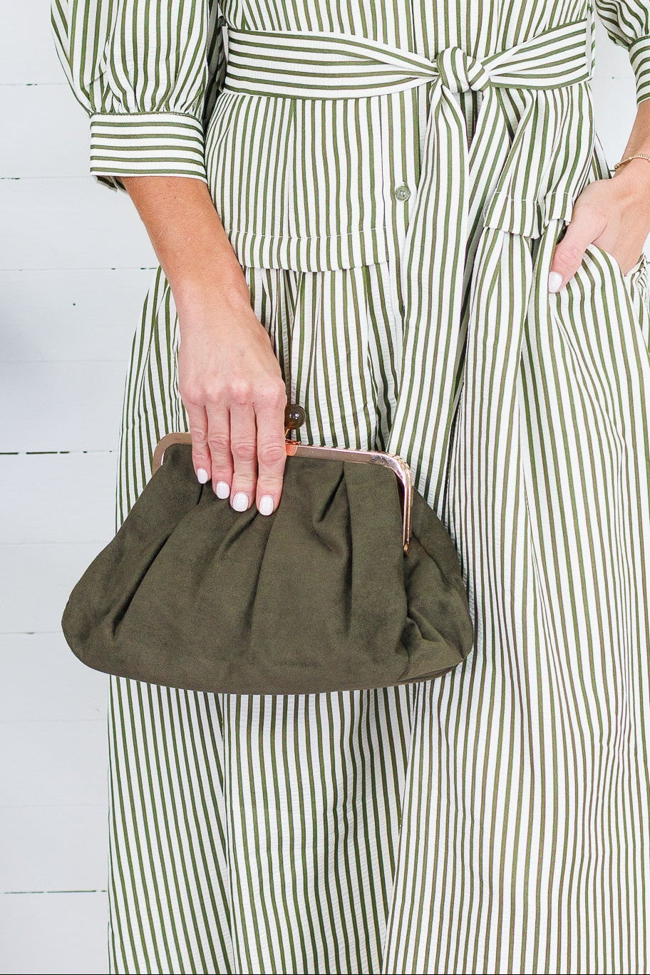 Aura Olive Suede Clutch